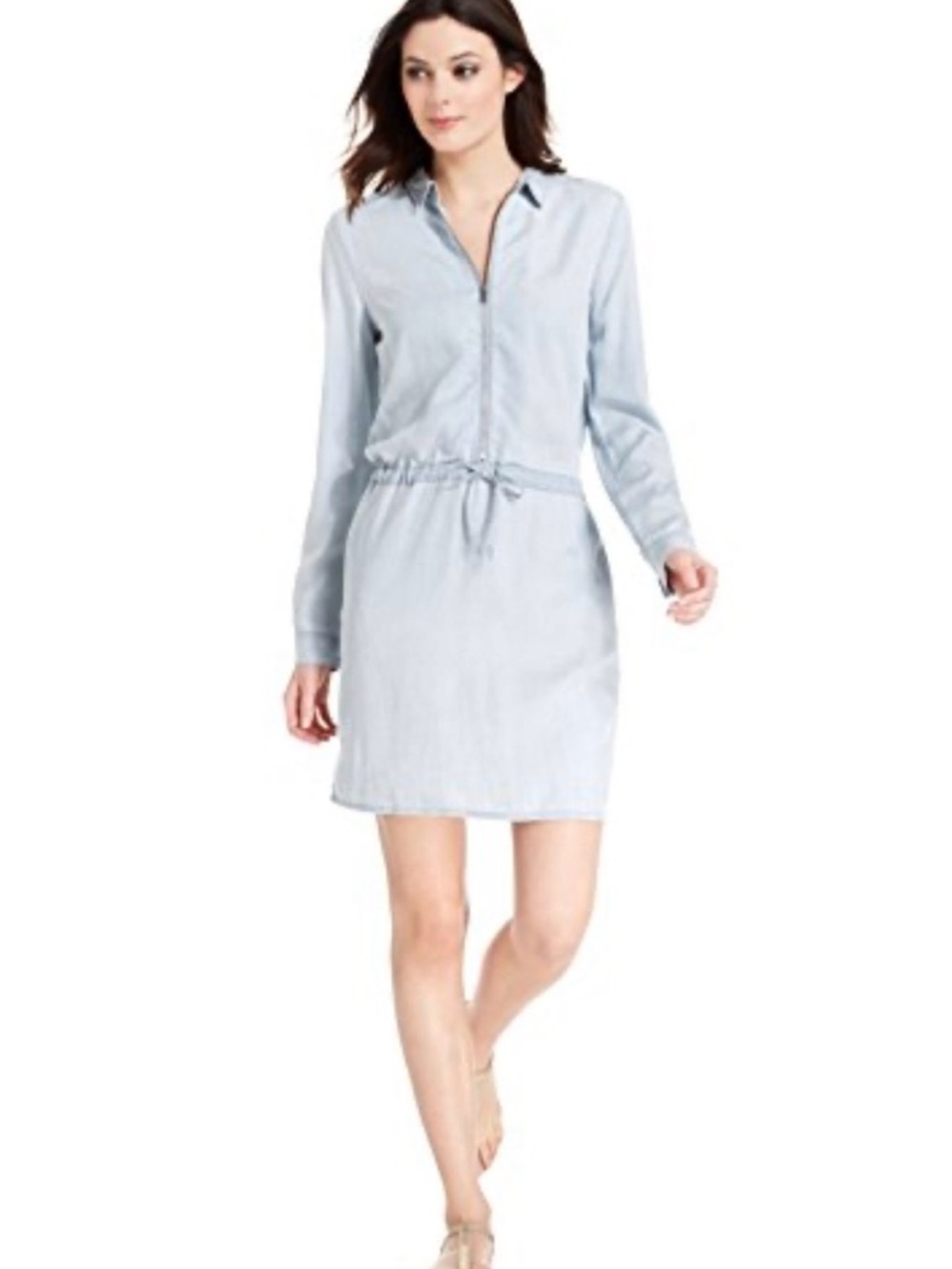 Calvin Klein Faded light Blue Denim Dress Front Zip Tie Waist Sz Medium